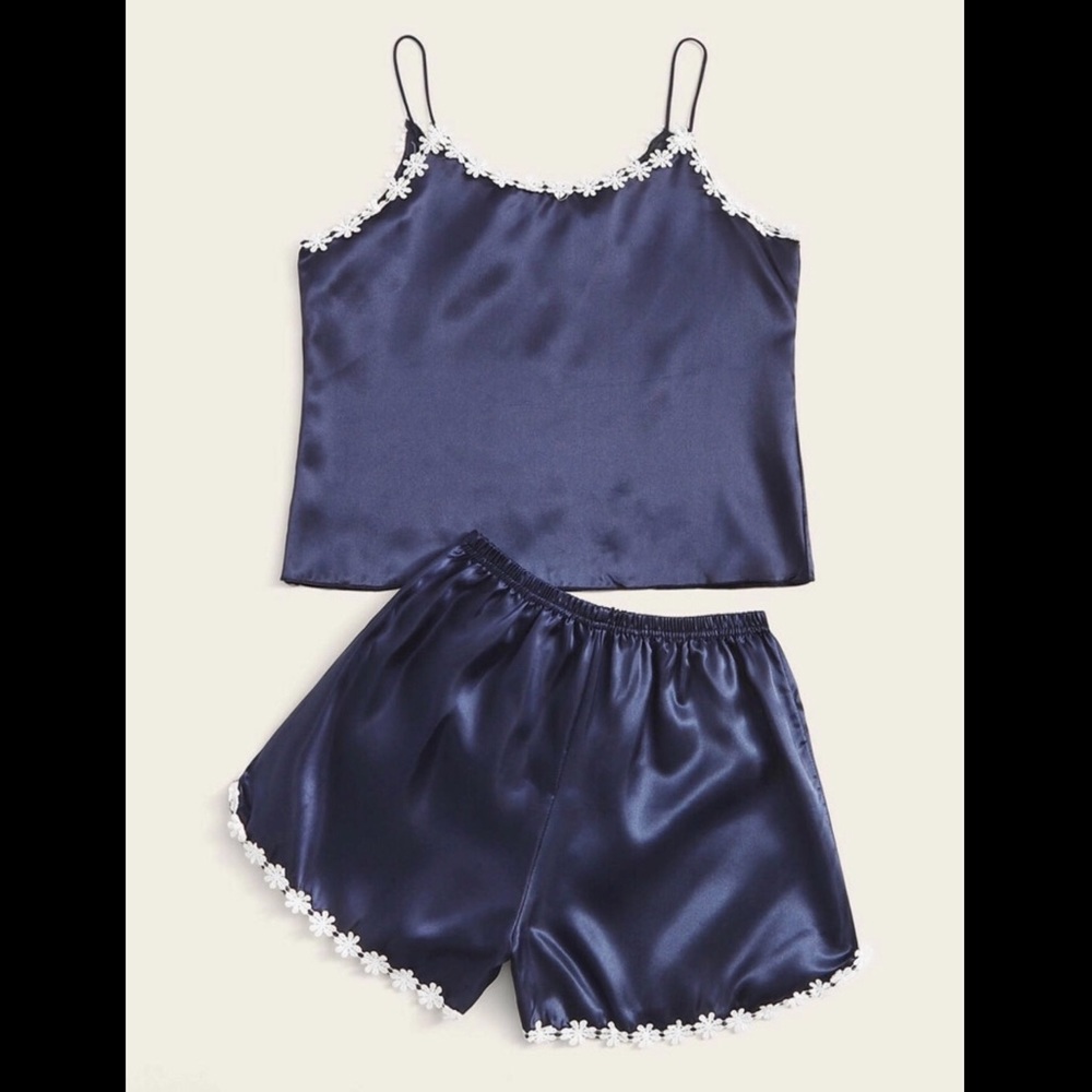 Navy Blue, Flower Trim, Satin, Pajama Set - Picture 2 of 6